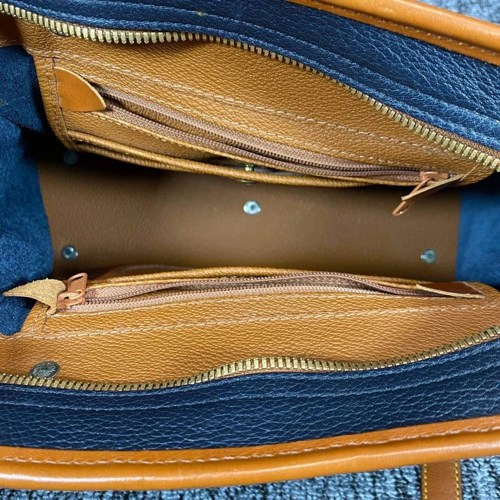 Vtg Dooney Bourke All Weather Leather Cavalry Satchel Bag Navy British Tan Purse